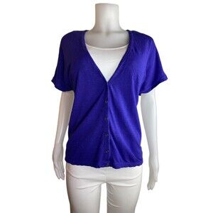 F. Eileen Fisher Organic Cotton Top Size L Purple Blouse V Neck Button